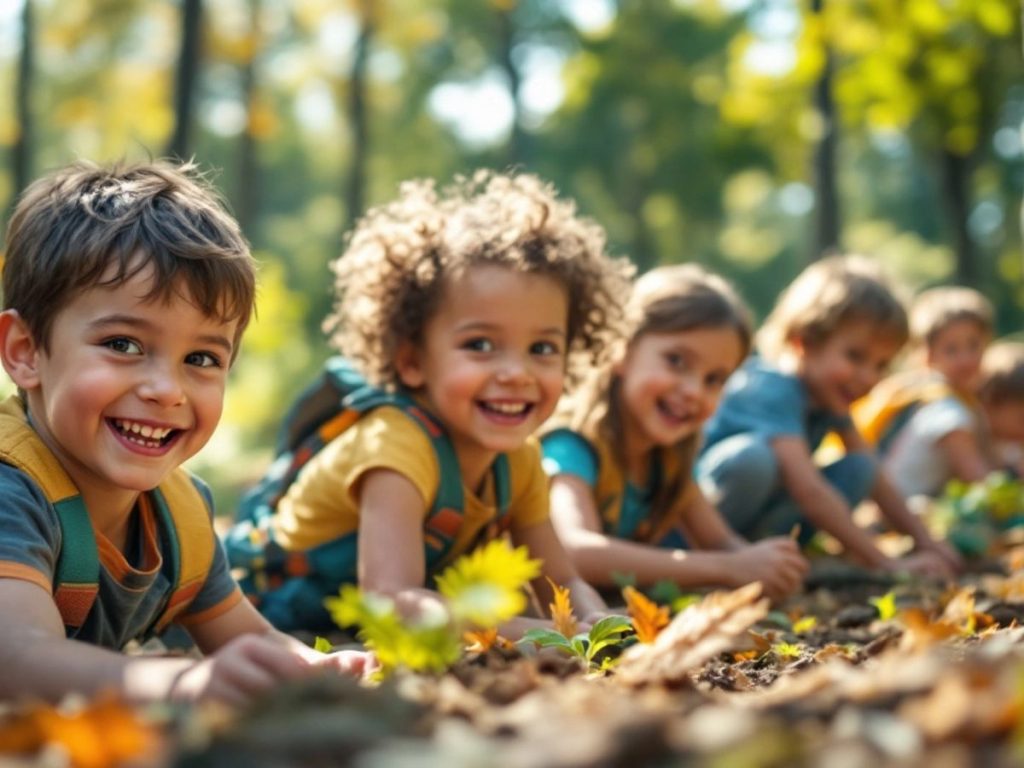 Copii jucându-se în natură, plini de bucurie.