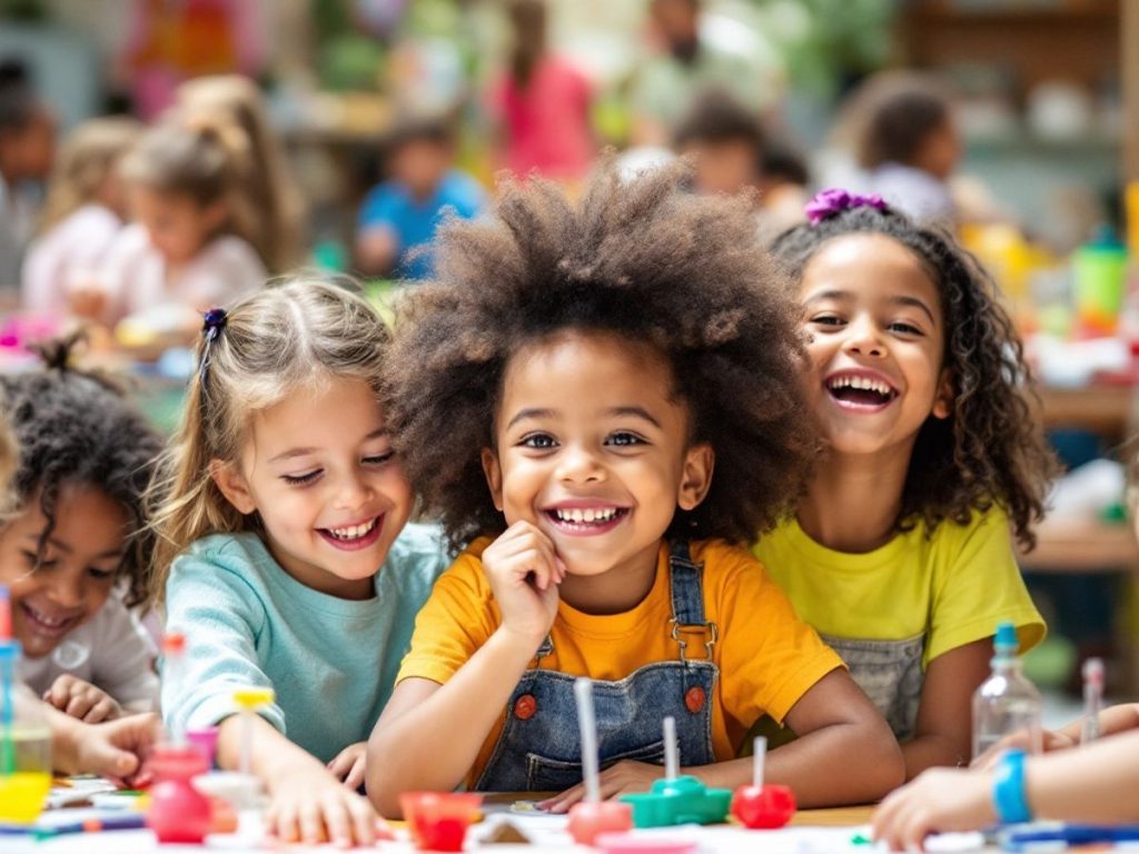 Copii fericiți participând la evenimente educative și distractive.