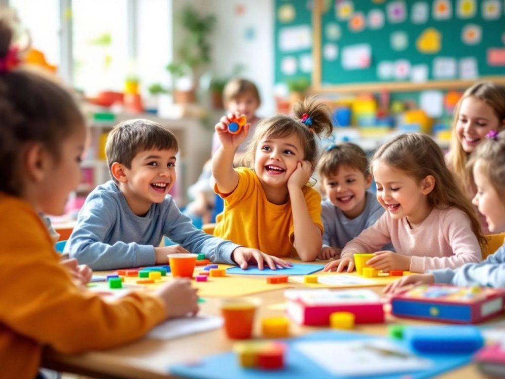 Copii jucându-se cu jocuri educative în clasă.