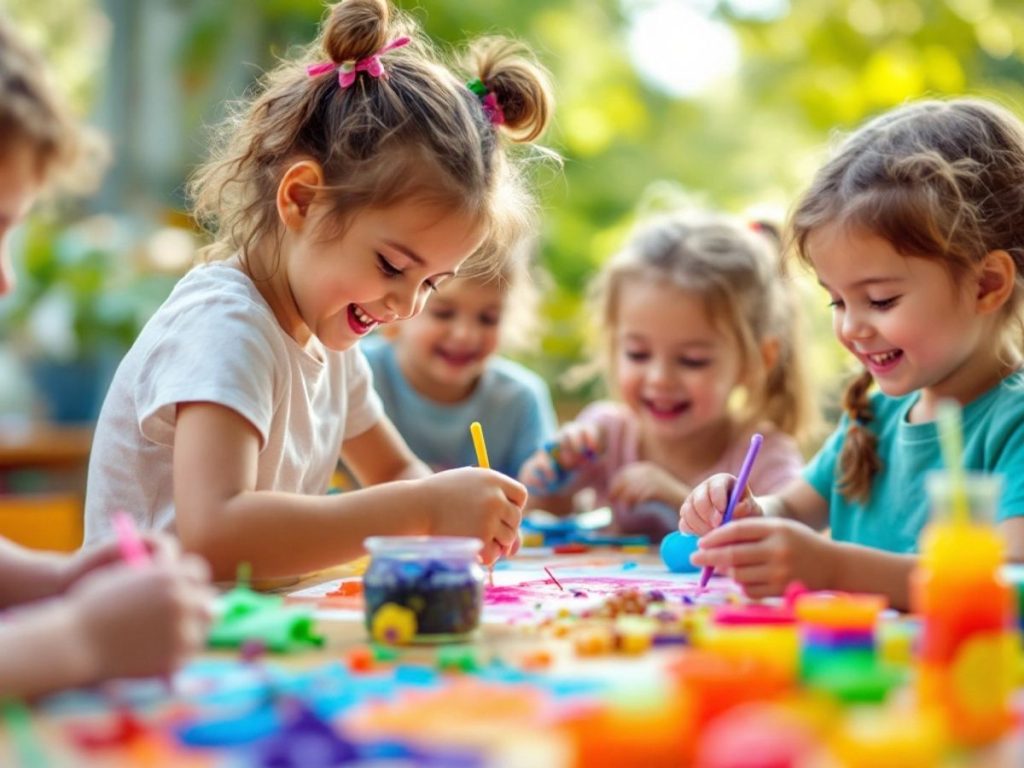 Copii jucându-se și învățând activități creative.