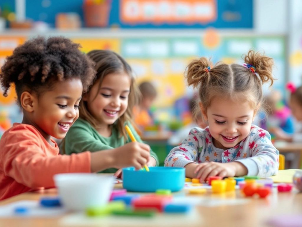 Copii în clasă, învățând și colaborând împreună.