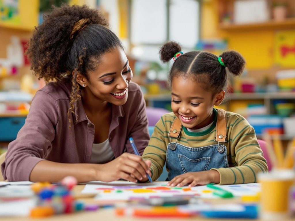 Părinte și copil lucrând împreună la un proiect creativ.