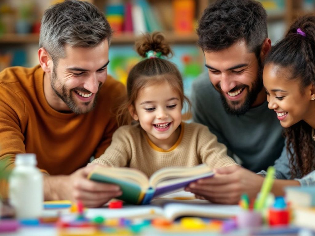 Părinți și copii explorând resurse educative împreună.