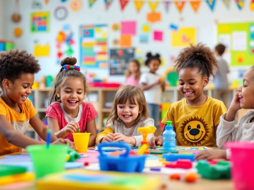 Copii în sala de clasă, bucurându-se de activități educative.