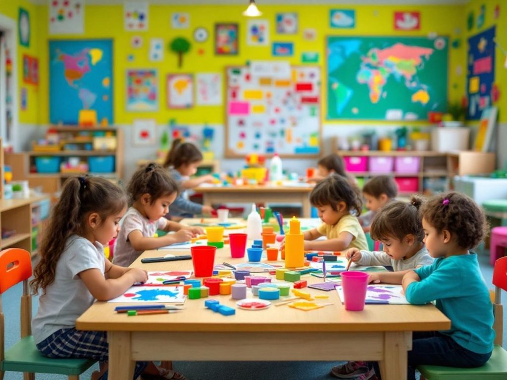 Copii creativi în clasă, implicați în activități educaționale.