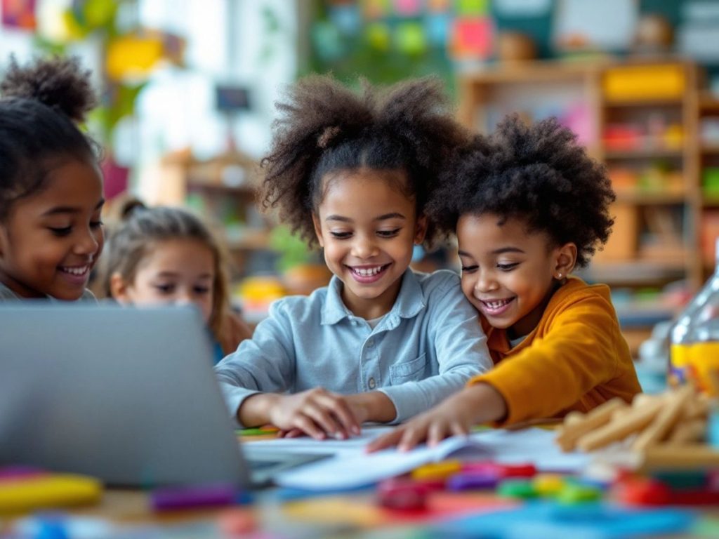 Clase de copii învățând activ într-un mediu plin de culoare.