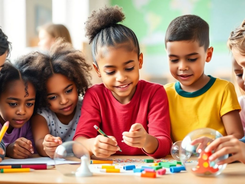 Grup de copii talentați lucrând împreună la activități.