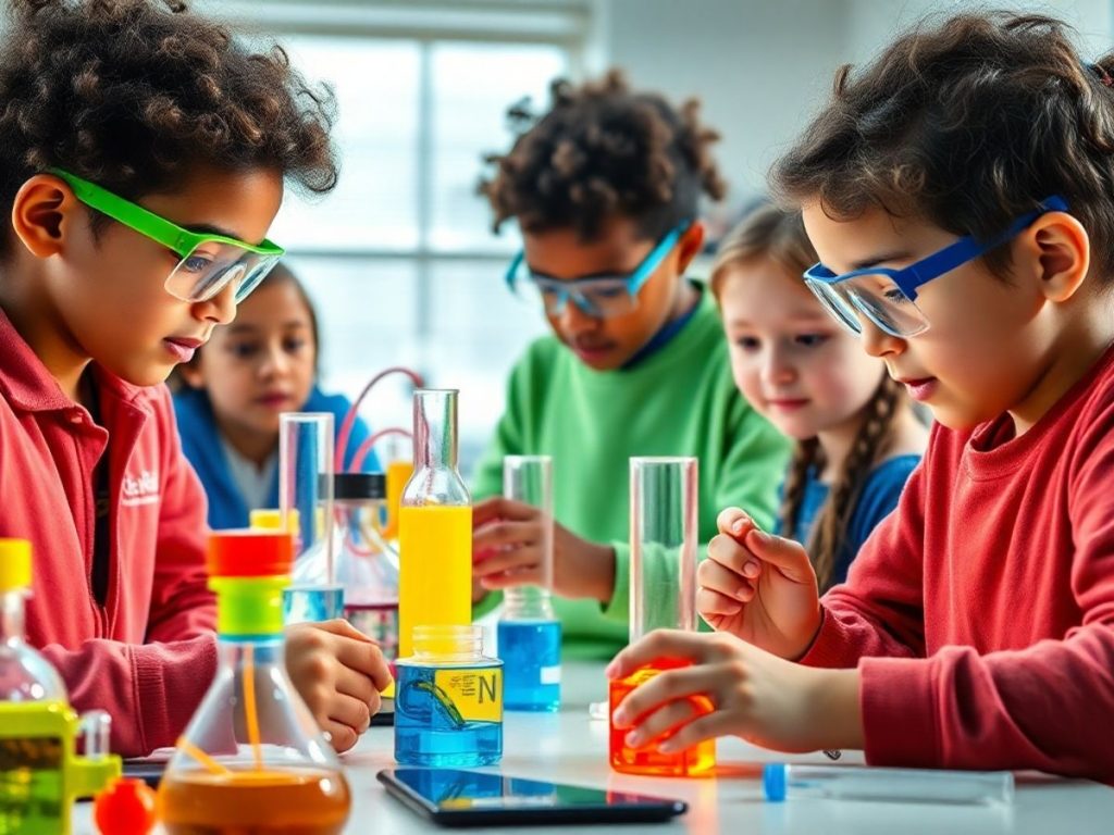 Tineri inventatori în laborator, experimentând cu echipamente științifice.