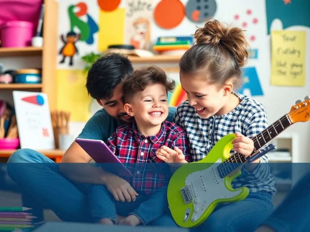 Părinte sprijinind un copil talentat în activități creative.