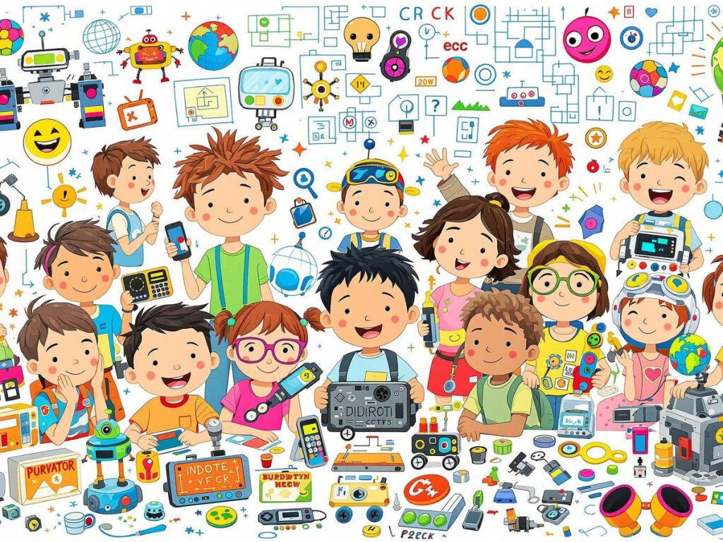 Copii inventatori cu gadgeturi inovatoare și bucurie creativă.
