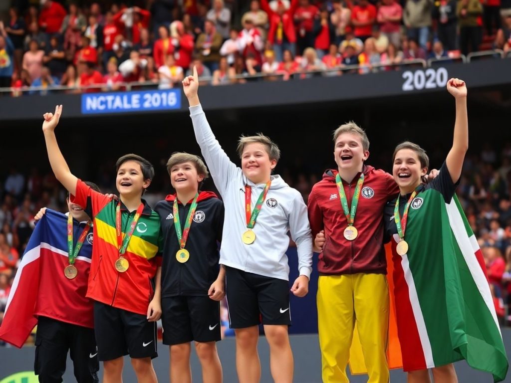 Tineri sportivi pe podium, bucurie si medalii.