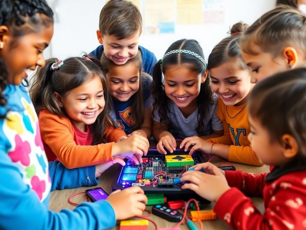 Copii lucrând la un proiect tehnologic inovator.