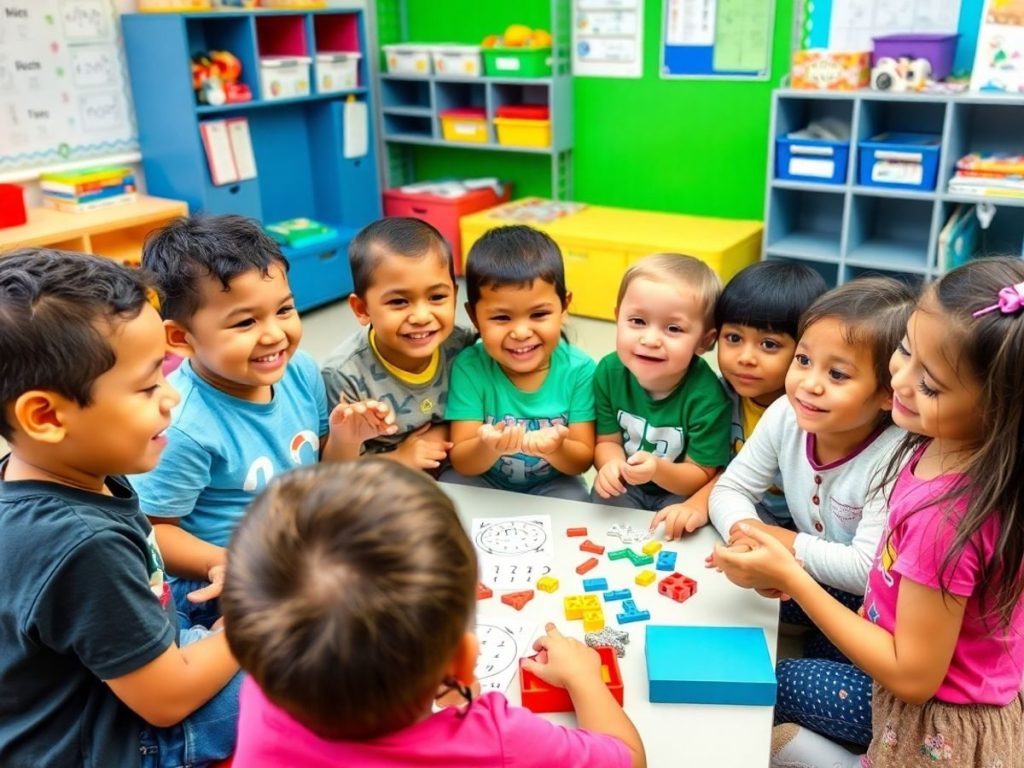 Copii discutând despre matematică într-o clasă plină de energie.