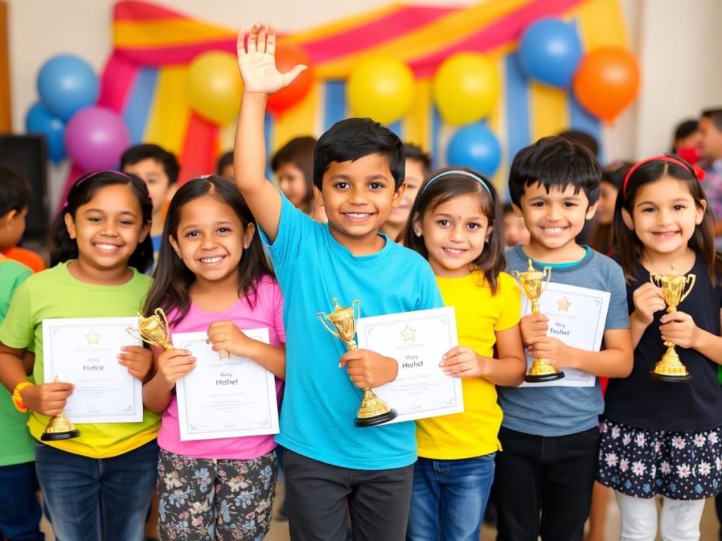 Copii fericiți cu premii și trofee în mână.