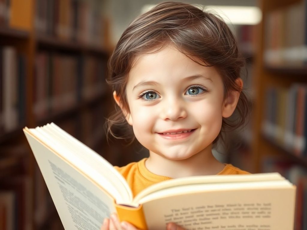 Copil curios citind o carte mare, zâmbind