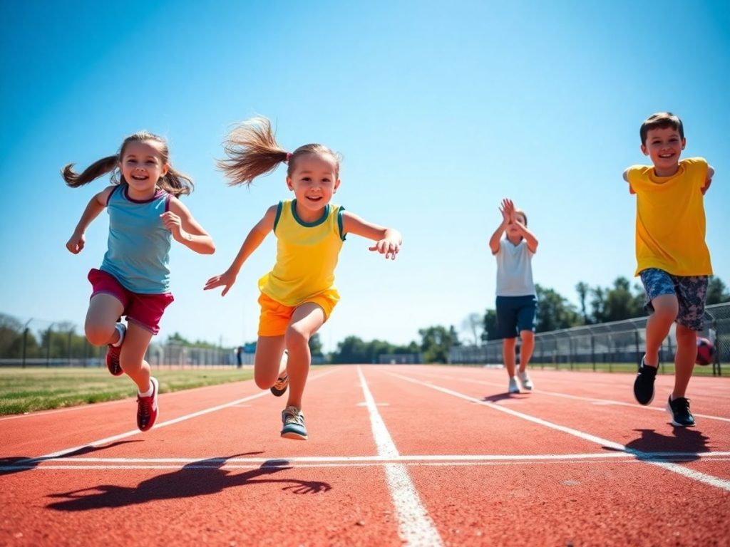 Copii alergând pe pistă însorită, copil traversează linia de sosire.