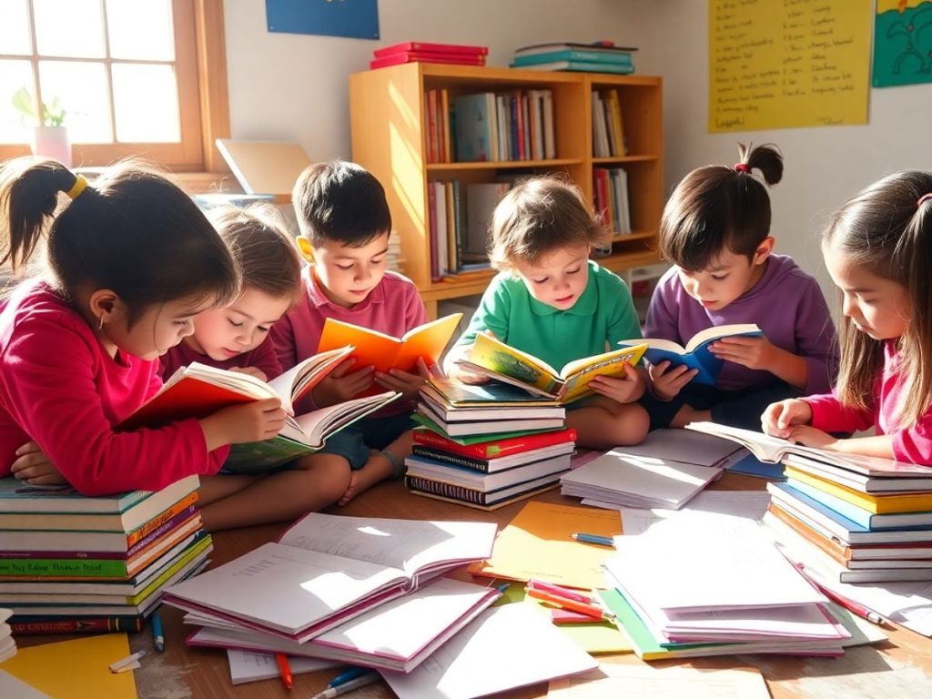 Copii citind și scriind cărți cu entuziasm.