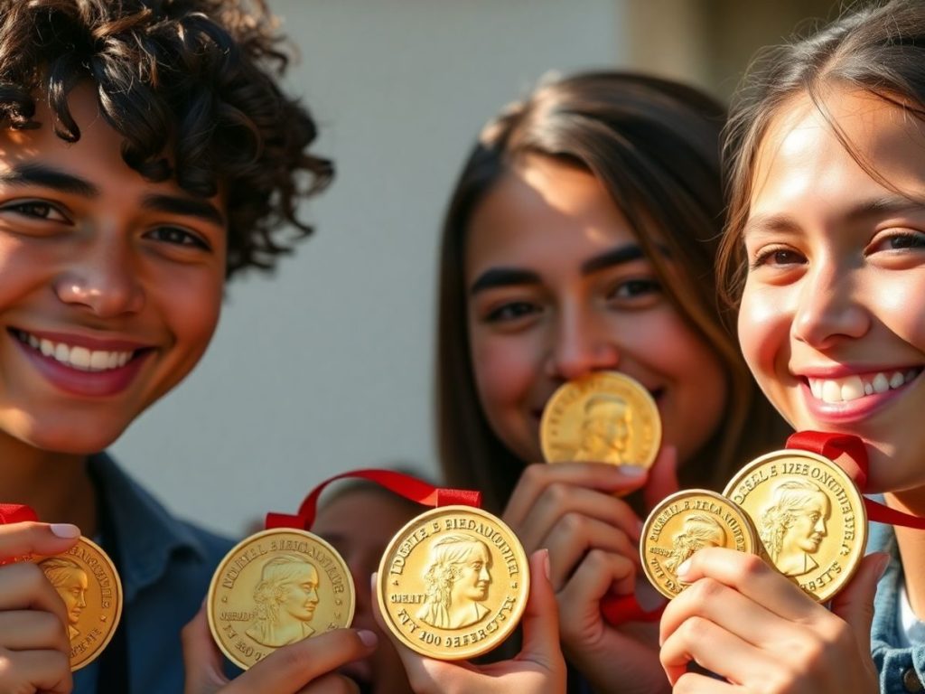 Tineri laureați Nobel cu medalii aurii strălucitoare.