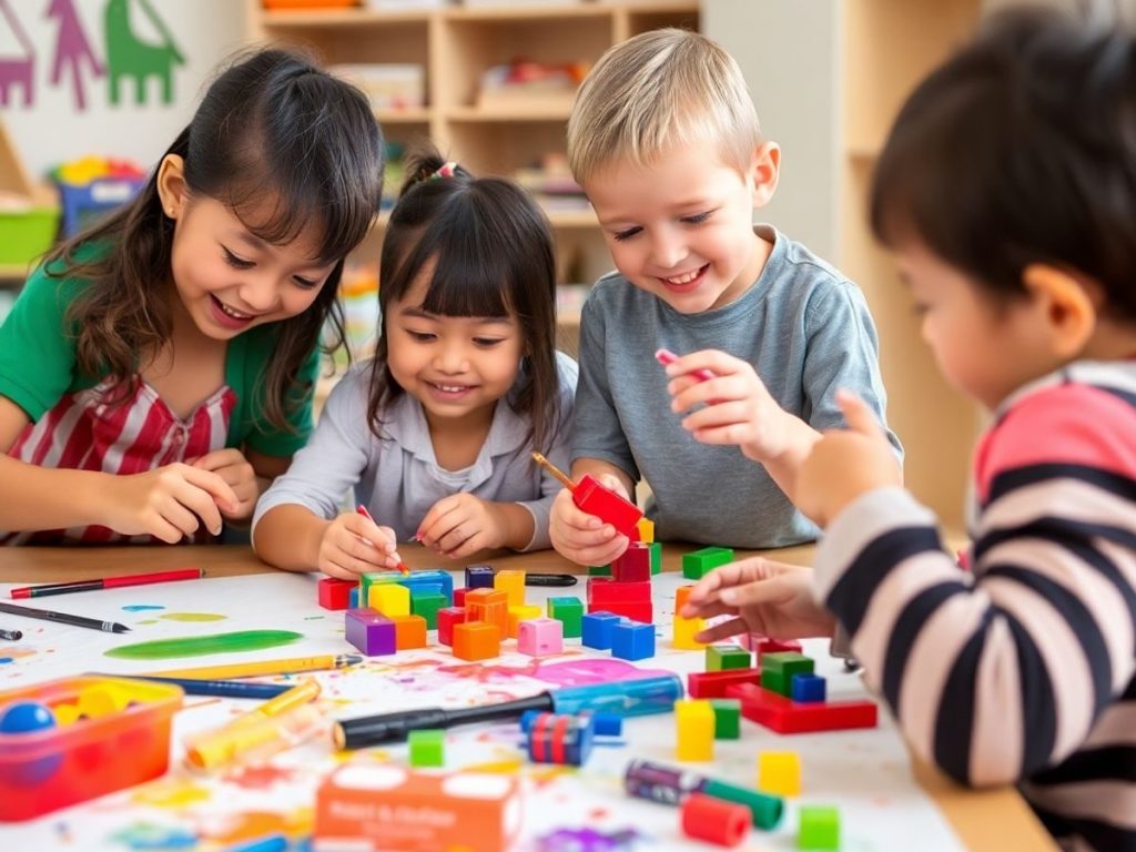 Copii pictând și construind cu materiale colorate.