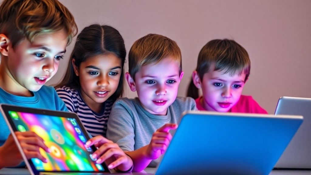 Copii entuziasmați lucrează la aplicații pe laptopuri și tablete.