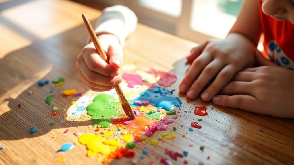 Copil pictând cu bucurie, părinte lângă el.