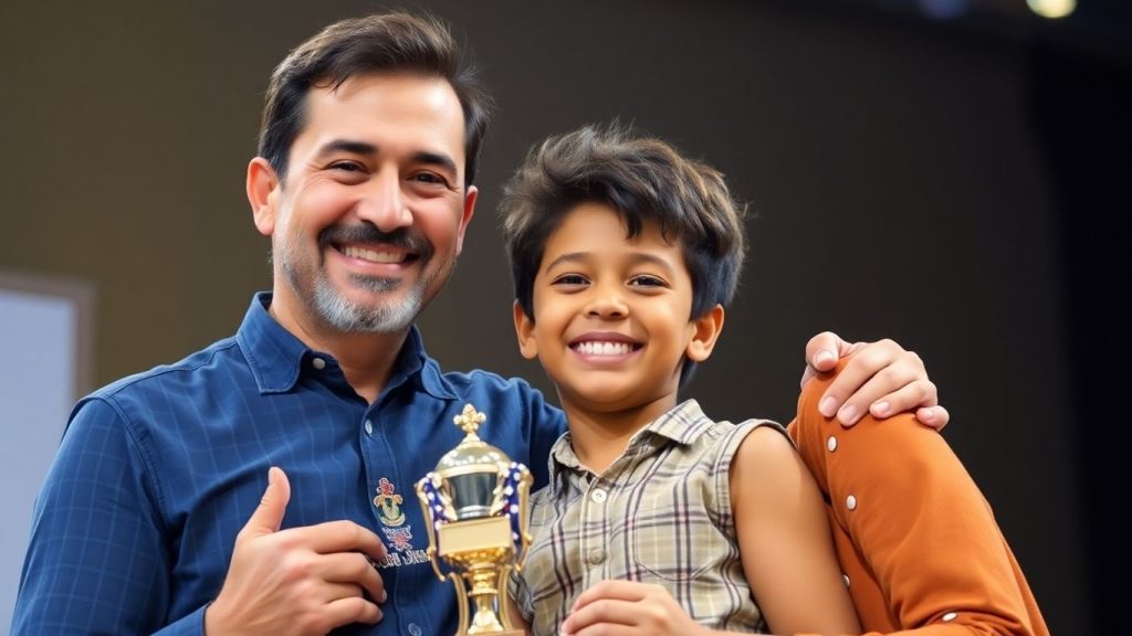 Părinte mândru alături de copil talentat cu trofeu